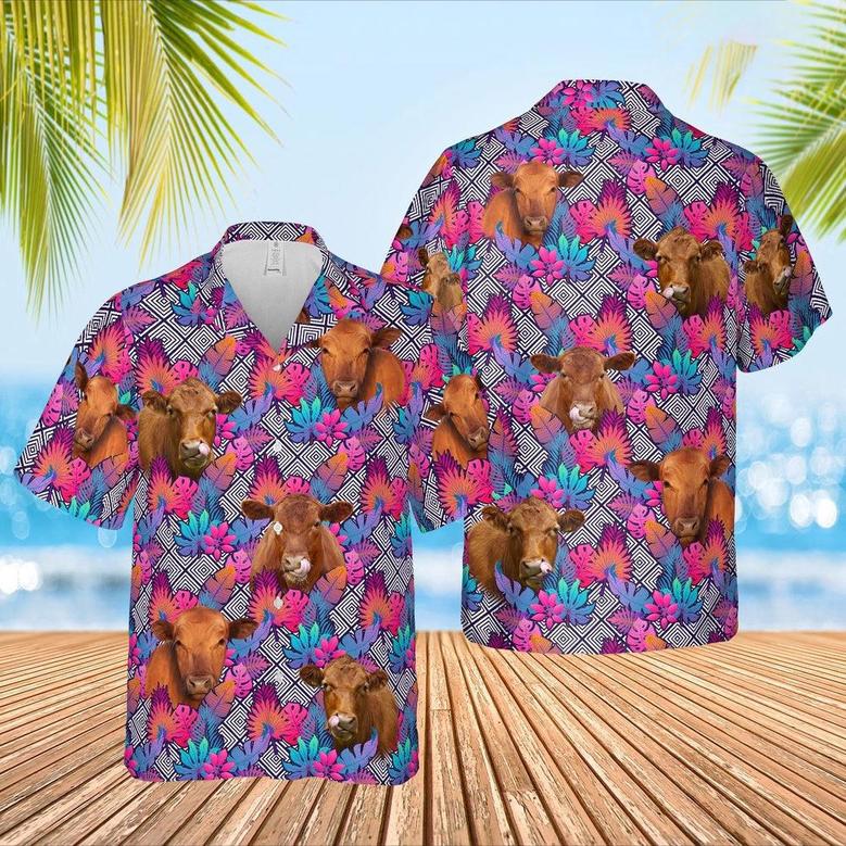 Red Angus Face Leaf Pattern Hawaiian Shirt, Farm Hawaiian Shirt, Farmer Hawaii