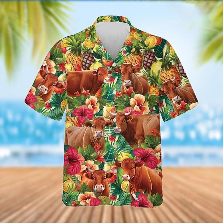 Red Angus Tropical Fruits Pattern Hawaiian Shirt, Farm Hawaiian Shirt, Farmer Hawaii