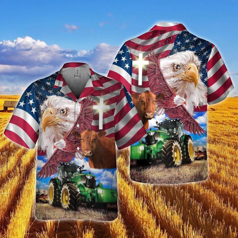 Red Angus With Eagles And Tractor Hawaiian Shirt, Farm Hawaiian Shirt, Farmer Hawaii