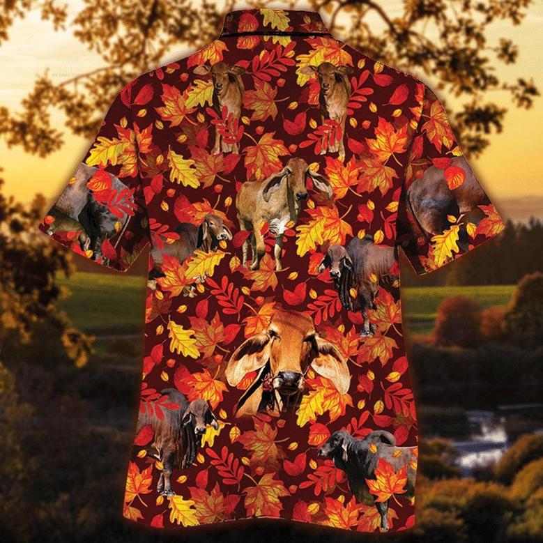 Red Brahman Cattle Autumn Leaves All Over Printed Hawaiian Shirt, Farm Hawaiian Shirt, Farmer Hawaii