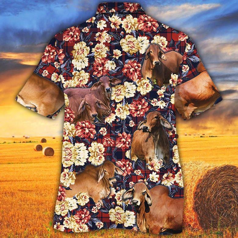 Red Brahman Cattle Red Plaid Pattern All Over Printed Hawaiian Shirt, Farm Hawaiian Shirt, Farmer Hawaii