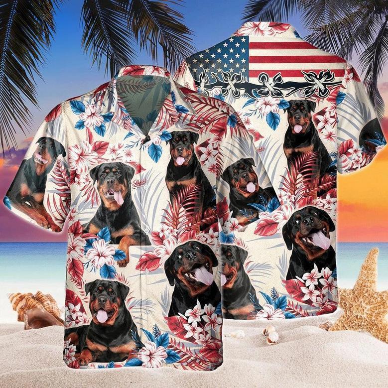 Rottweiler Dog United States Flag Hawaiian Flowers All Over Printed Hawaiian Shirt, Farm Hawaiian Shirt, Farmer Hawaii