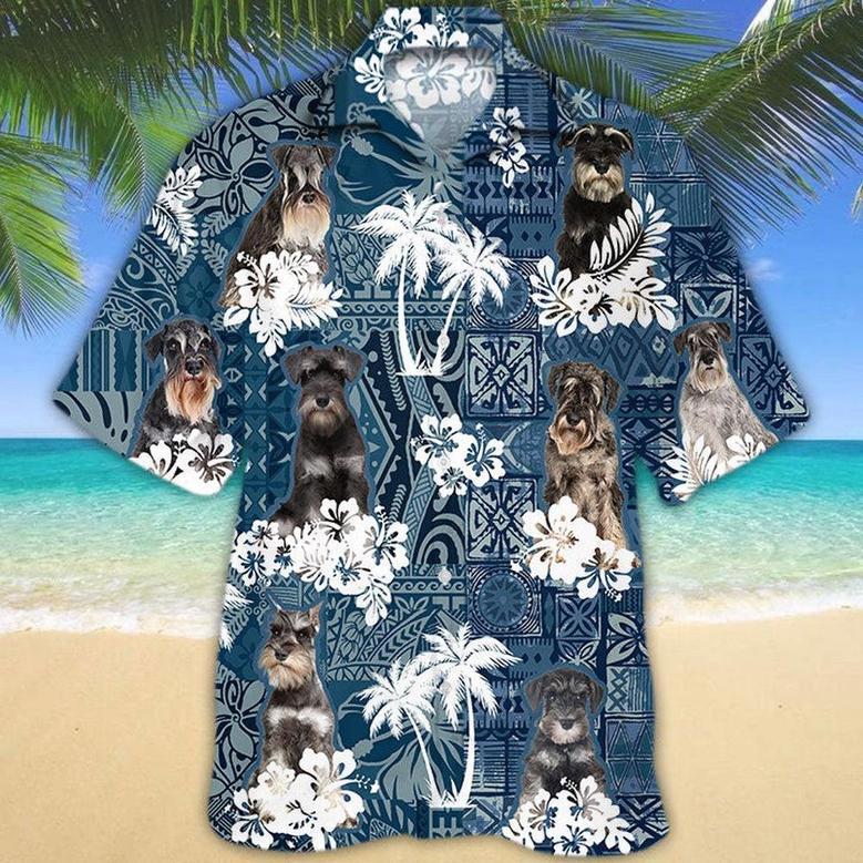 Schnauzer Hawaiian Tropical Plants Pattern Blue And White All Over Printed Hawaiian Shirt, Farm Hawaiian Shirt, Farmer Hawaii