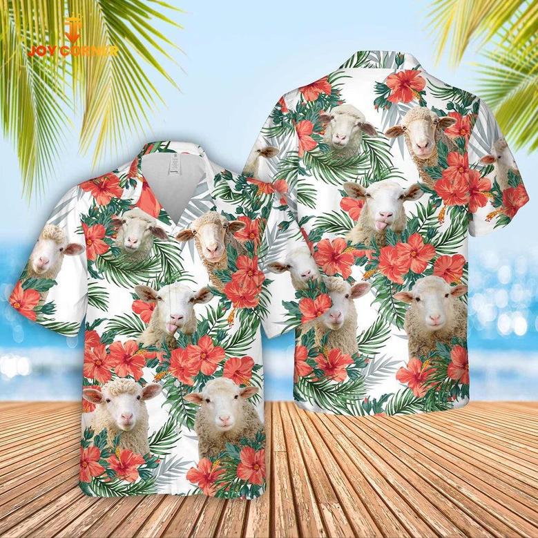 Sheep Cattle Hibucis Flower Pattern Hawaiian Shirt, Farm Hawaiian Shirt, Farmer Hawaii