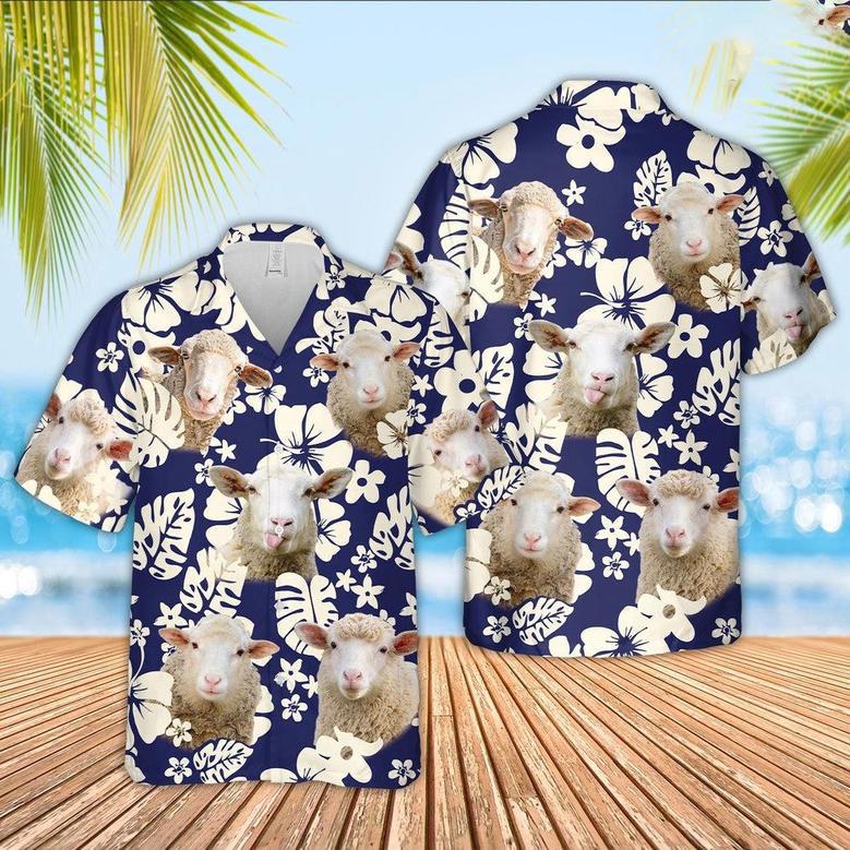 Sheep Flower Blue Pattern Hawaiian Shirt, Farm Hawaiian Shirt, Farmer Hawaii