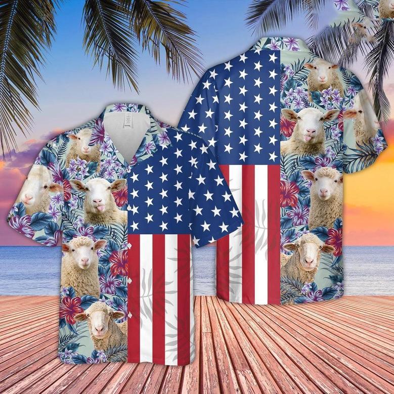 Sheep Flower Pattern US Flag Hawaiian Shirt, Farm Hawaiian Shirt, Farmer Hawaii