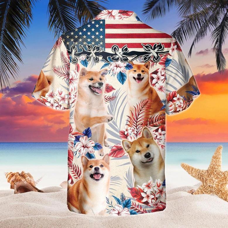 Shiba Inu Dog United States Flag Hawaiian Flowers All Over Printed Hawaiian Shirt, Farm Hawaiian Shirt, Farmer Hawaii