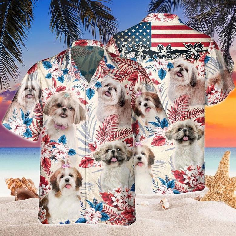 Shih Tzu Dog United States Flag Hawaiian Flowers All Over Printed Hawaiian Shirt, Farm Hawaiian Shirt, Farmer Hawaii