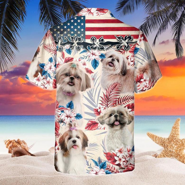 Shih Tzu Dog United States Flag Hawaiian Flowers All Over Printed Hawaiian Shirt, Farm Hawaiian Shirt, Farmer Hawaii