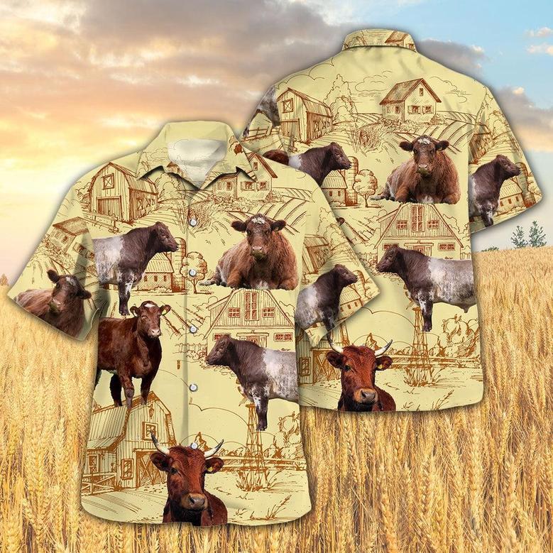 Shorthorn Cattle Farm All Over Printed Hawaiian Shirt, Farm Hawaiian Shirt, Farmer Hawaii