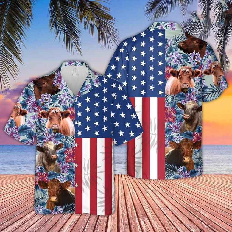 Shorthorn Flower Pattern American Hawaiian Shirt, Farm Hawaiian Shirt, Farmer Hawaii