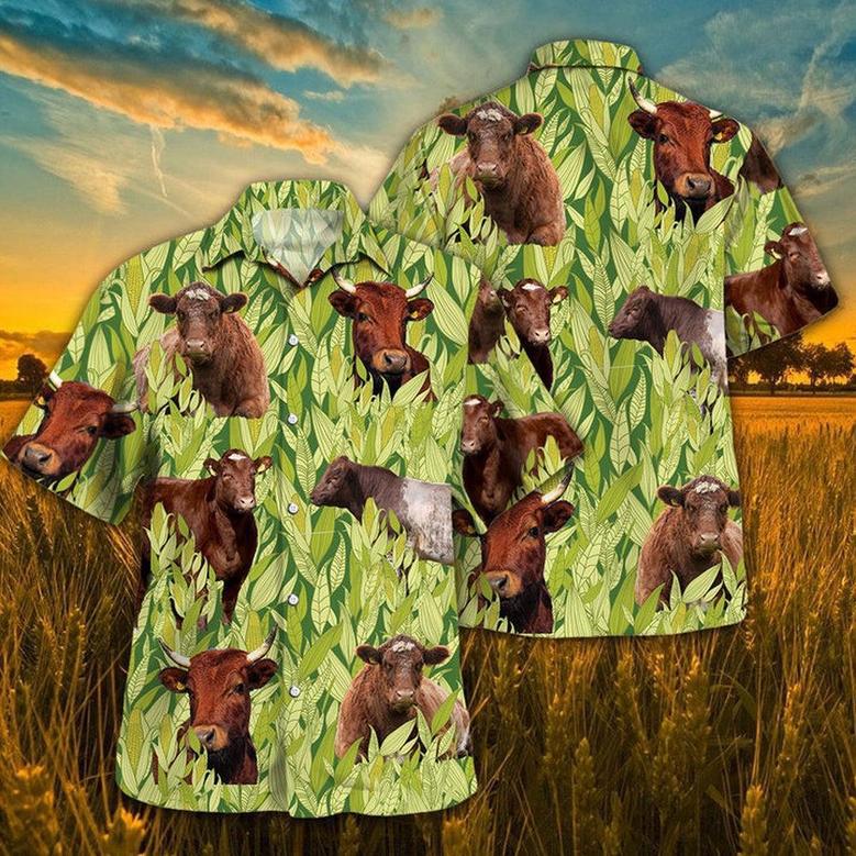 Shorthorn In Green Corn Field All Over Printed Hawaiian Shirt, Farm Hawaiian Shirt, Farmer Hawaii