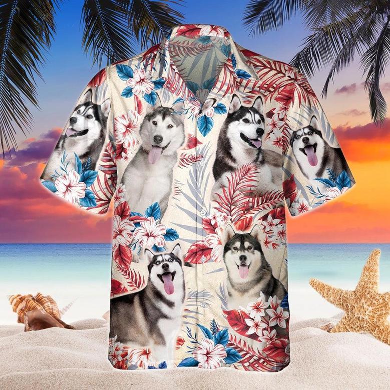 Siberian Husky Dog United States Flag Hawaiian Flowers All Over Printed Hawaiian Shirt, Farm Hawaiian Shirt, Farmer Hawaii