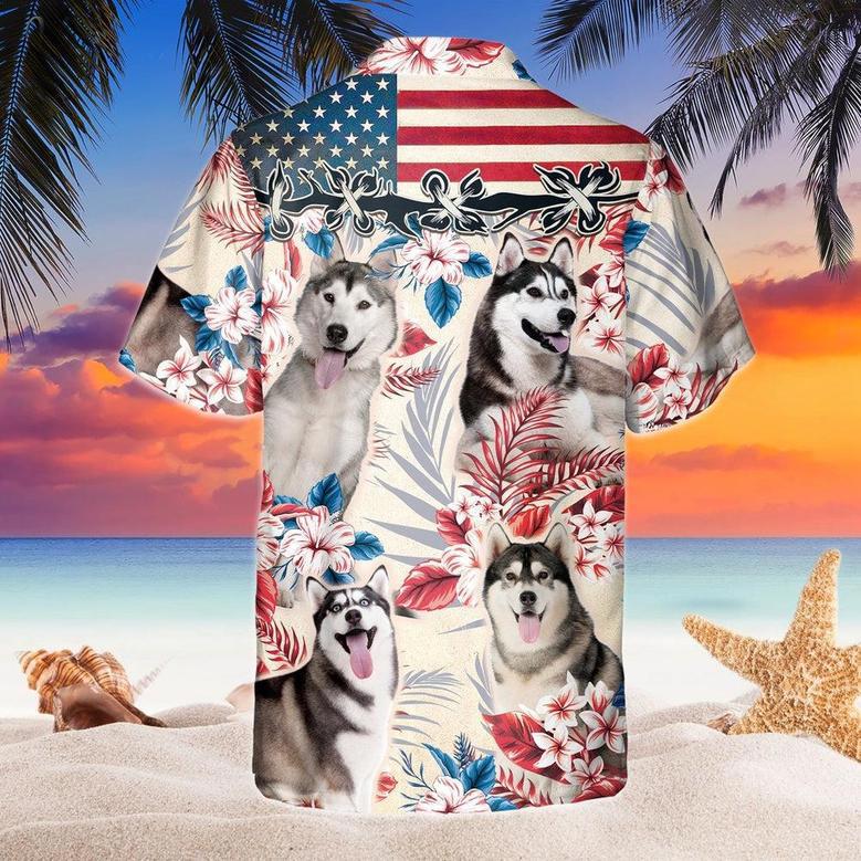 Siberian Husky Dog United States Flag Hawaiian Flowers All Over Printed Hawaiian Shirt, Farm Hawaiian Shirt, Farmer Hawaii