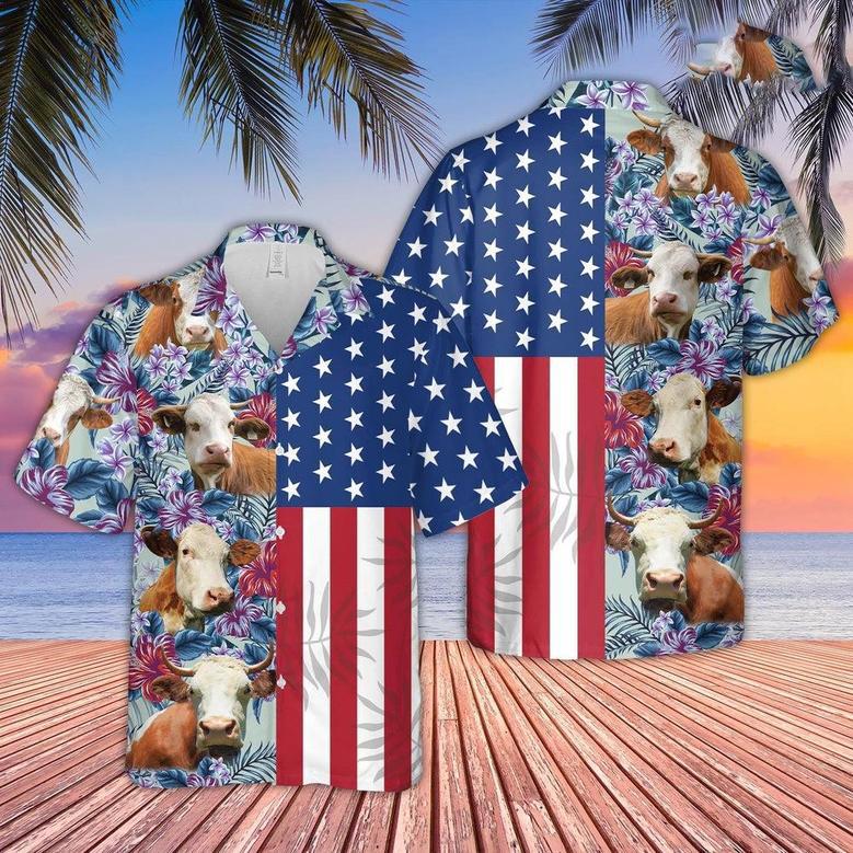 Simmental Flower Pattern American Hawaiian Shirt, Farm Hawaiian Shirt, Farmer Hawaii