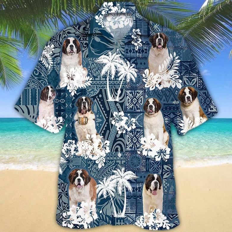 St.Bernard Hawaiian Tropical Plants Pattern Blue And White All Over Printed Hawaiian Shirt, Farm Hawaiian Shirt, Farmer Hawaii