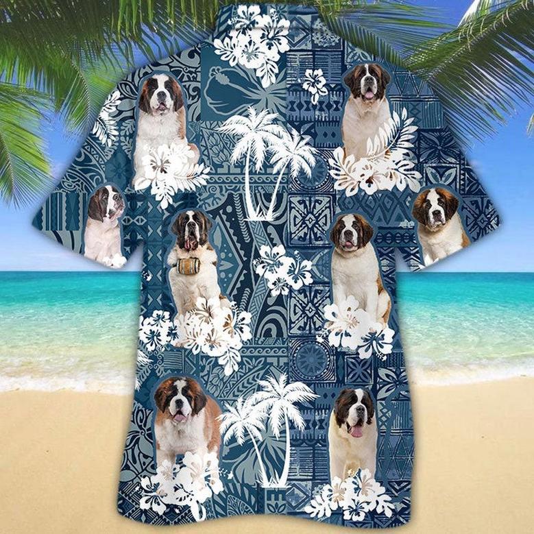 St.Bernard Hawaiian Tropical Plants Pattern Blue And White All Over Printed Hawaiian Shirt, Farm Hawaiian Shirt, Farmer Hawaii