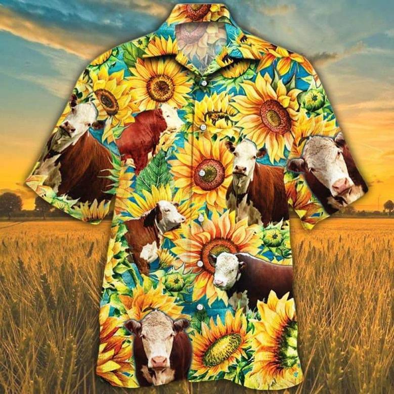 Sunflower Hereford Cattle Hawaiian Shirt, Farm Hawaiian Shirt, Farmer Hawaii