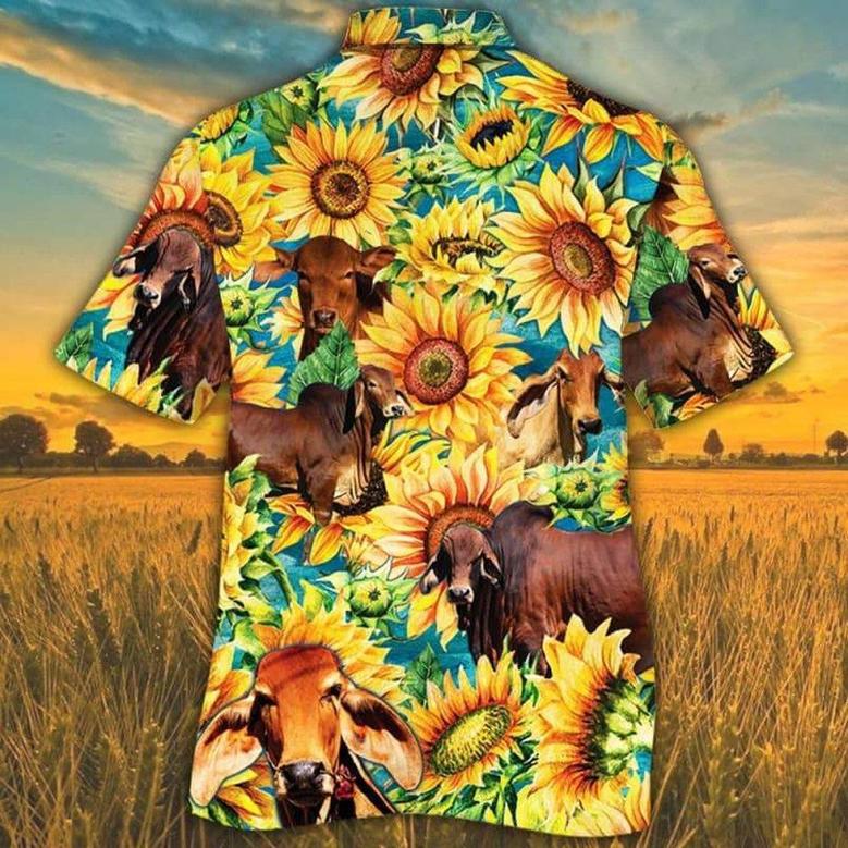 Sunflower Red Brahman Cattle Hawaiian Shirt, Farm Hawaiian Shirt, Farmer Hawaii