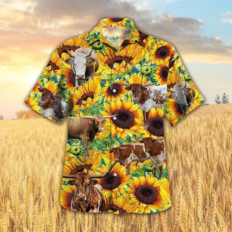 Sunflower TX-Longhorn Cattle Hawaiian Shirt, Farm Hawaiian Shirt, Farmer Hawaii