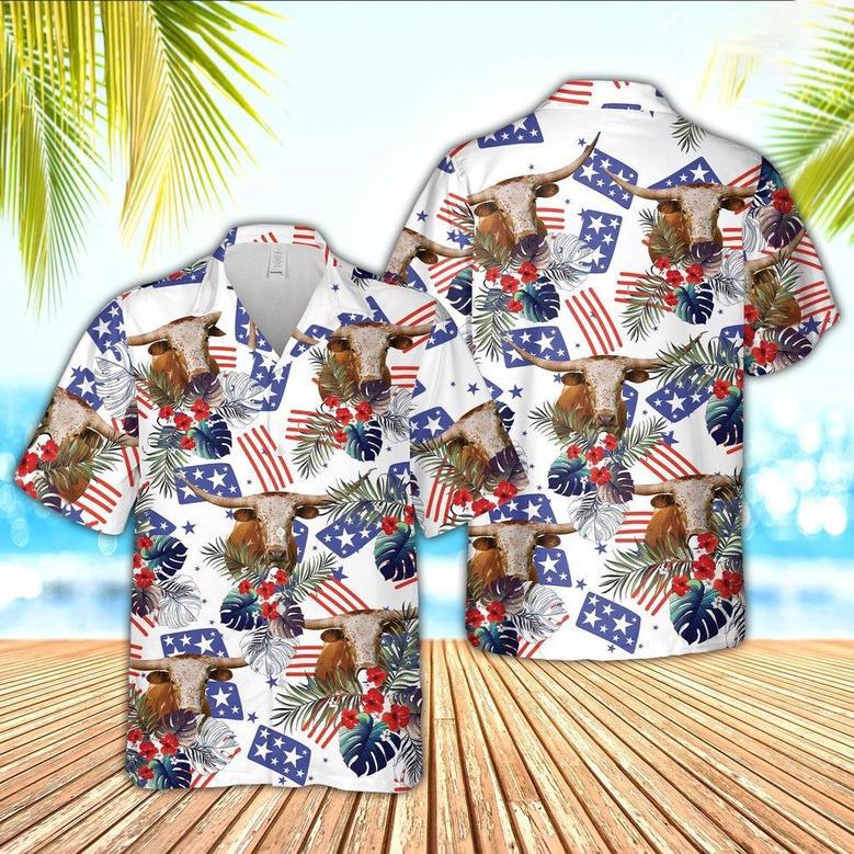 Texas Longhorn American Little Flowers And Flag Pattern Hawaiian Shirt, Farm Hawaiian Shirt, Farmer Hawaii