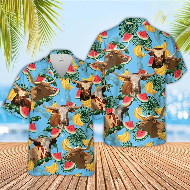 Texas Longhorn Blue Tropical Fruits Pattern Hawaiian Shirt, Farm Hawaiian Shirt, Farmer Hawaii