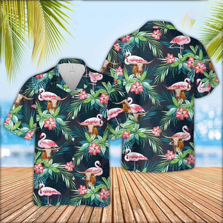 Texas Longhorn Cattle Flamingo Hawaiian Shirt, Farm Hawaiian Shirt, Farmer Hawaii