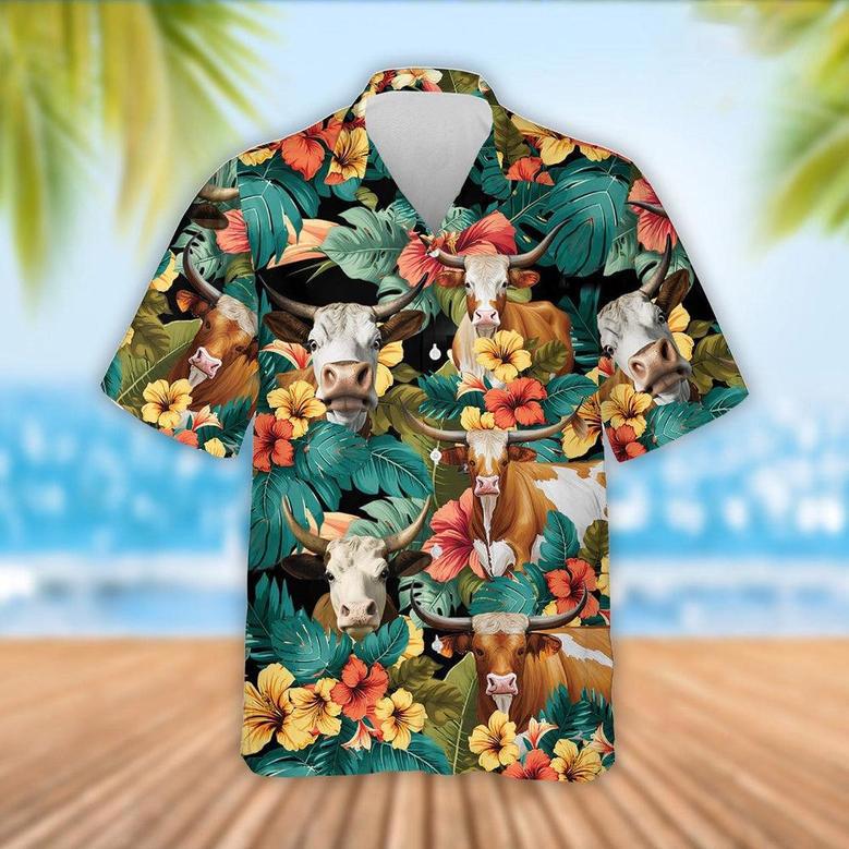 Texas Longhorn Cattle Tropical Flowers Hawaiian Shirt, Farm Hawaiian Shirt, Farmer Hawaii