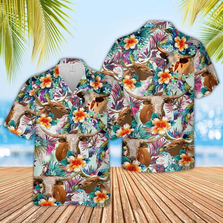 Texas Longhorn Cows With Flowers Hawaiian Shirt, Farm Hawaiian Shirt, Farmer Hawaii