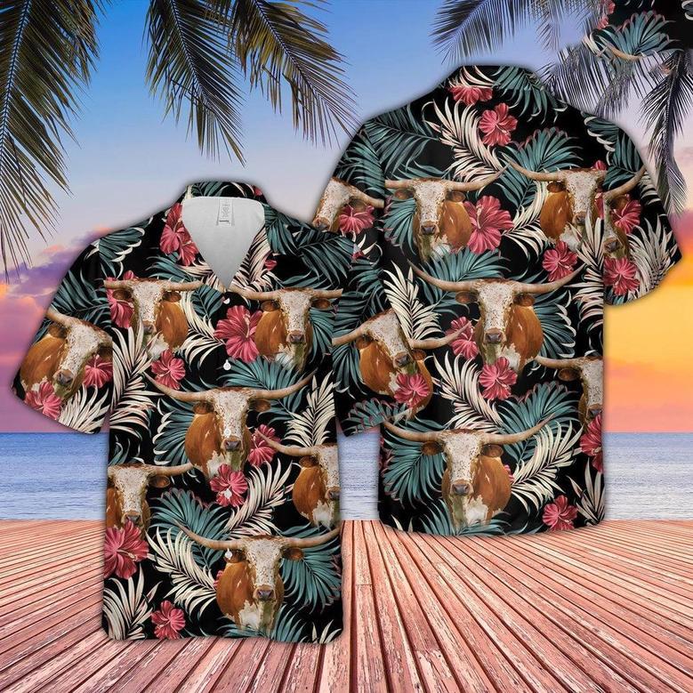 Texas Longhorn Dark Red Flowers Pattern Hawaiian Shirt, Farm Hawaiian Shirt, Farmer Hawaii