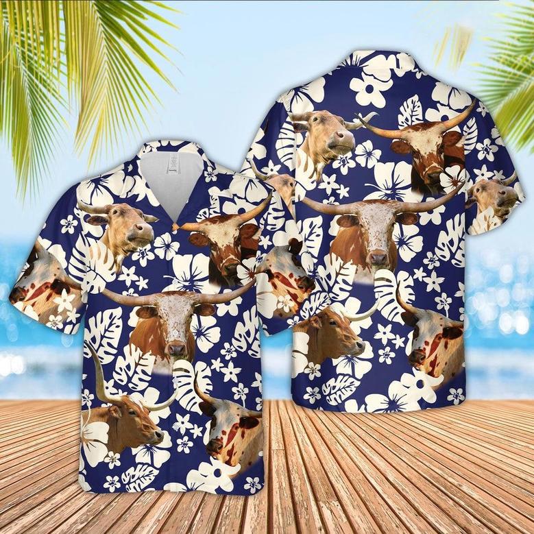 Texas Longhorn Flower Blue Pattern Hawaiian Shirt, Farm Hawaiian Shirt, Farmer Hawaii