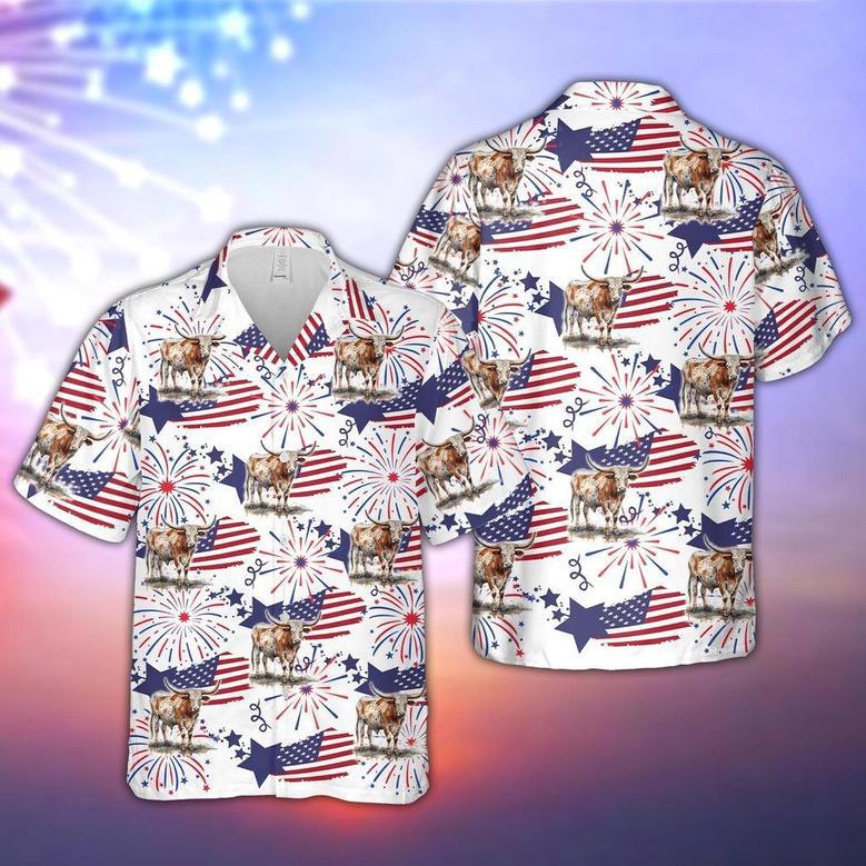 Texas Longhorn Happy Firework Flag Hawaiian Shirt, Farm Hawaiian Shirt, Farmer Hawaii