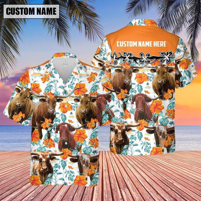 Texas Longhorn Hibiscus Floral Custom Name Hawaiian Shirt, Farm Hawaiian Shirt, Farmer Hawaii