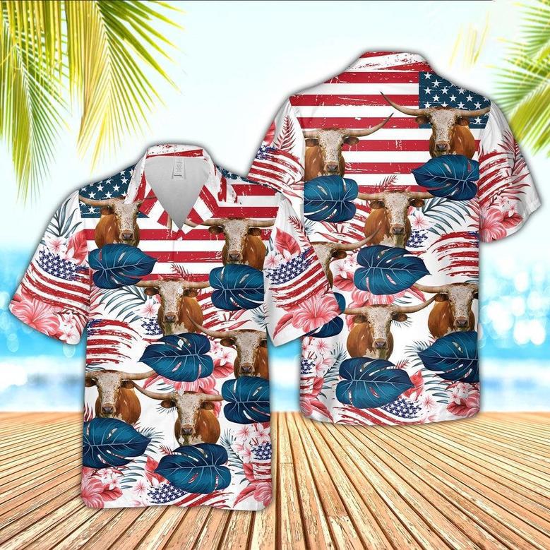 Texas Longhorn Hibiscus Pattern US Flag Hawaiian Shirt, Farm Hawaiian Shirt, Farmer Hawaii