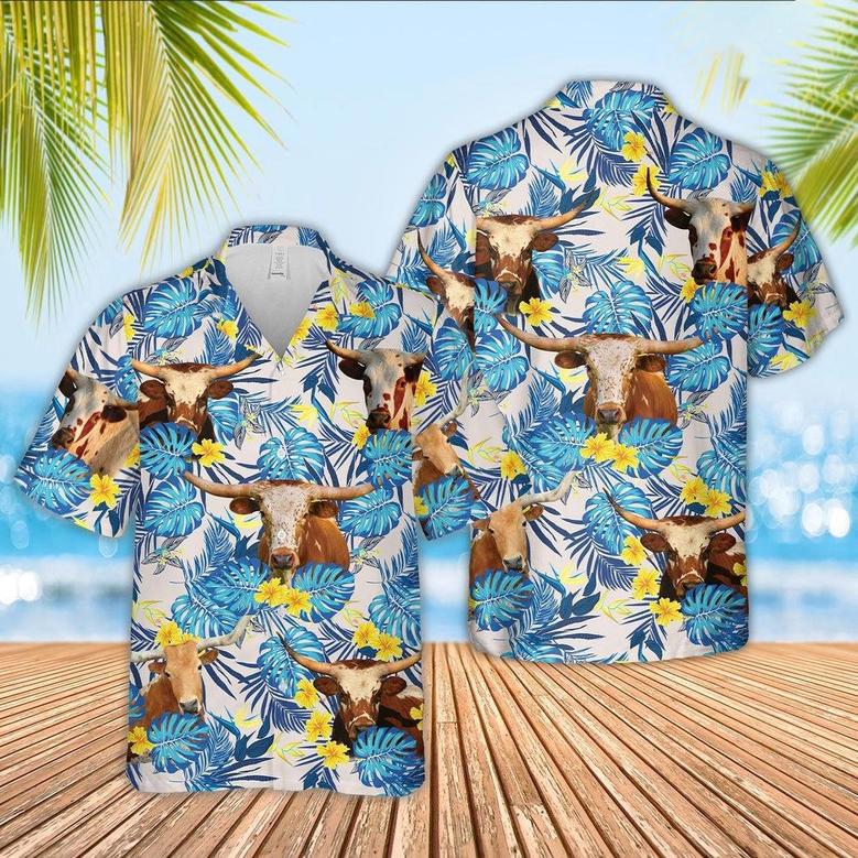 Texas Longhorn Tropical Blue Palm Leaves Hawaiian Shirt, Farm Hawaiian Shirt, Farmer Hawaii