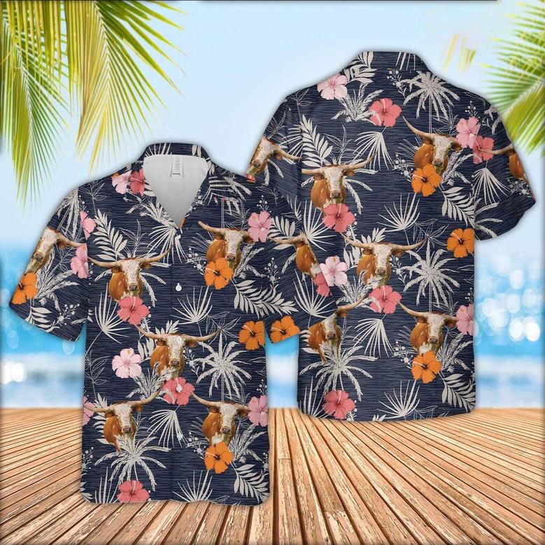 Texas Longhorn Tropical Exotic Hawaiian Shirt, Farm Hawaiian Shirt, Farmer Hawaii