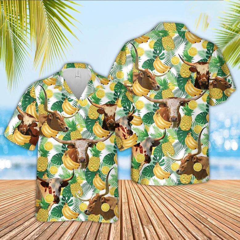 Texas Longhorn White Tropical Fruits Pattern Hawaiian Shirt, Farm Hawaiian Shirt, Farmer Hawaii