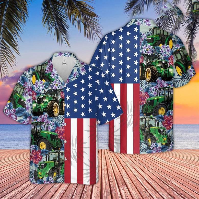 Tractor Flower Pattern US Flag Hawaiian Shirt, Farm Hawaiian Shirt, Farmer Hawaii