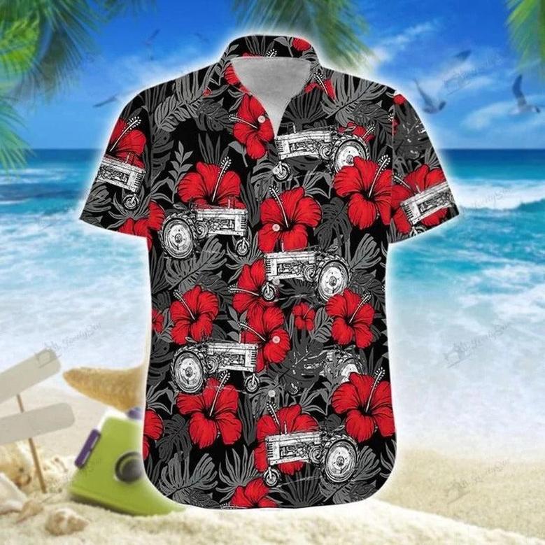 Tractor Red Hibiscus Hawaiian Shirt, Farm Hawaiian Shirt, Farmer Hawaii