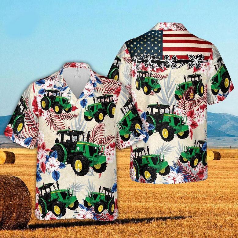 Tractors Hibiscus United State Flag All Over Printed Hawaiian Shirt, Farm Hawaiian Shirt, Farmer Hawaii