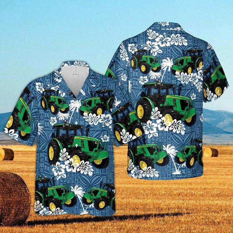 Tractors Tropical Leaves Blue All Over Printed Hawaiian Shirt, Farm Hawaiian Shirt, Farmer Hawaii