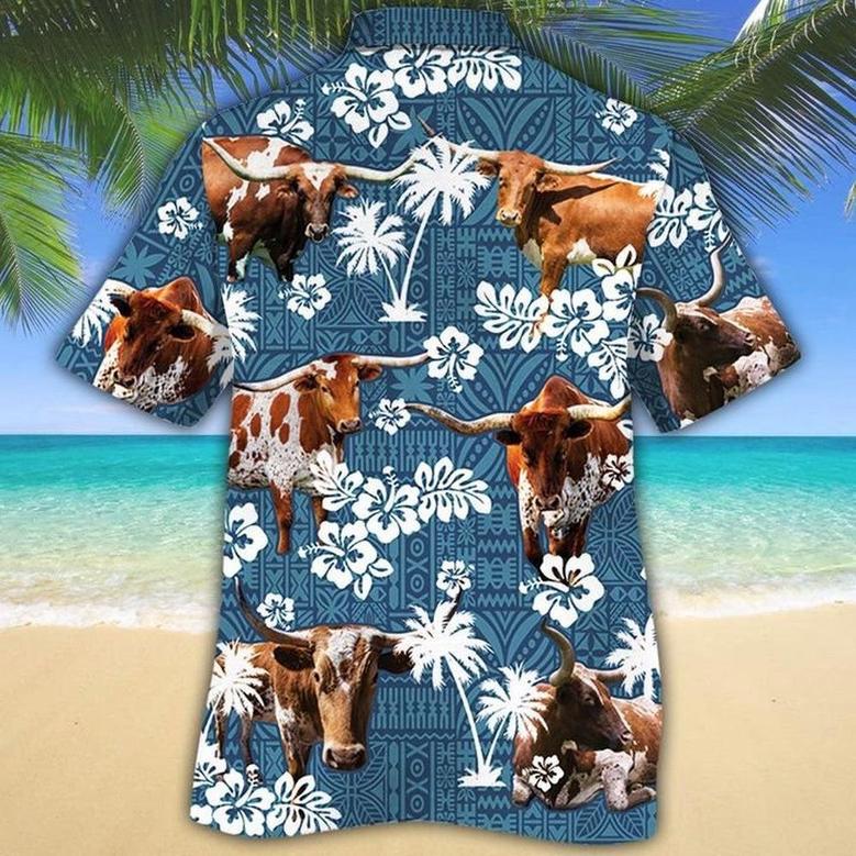 TX LONGHORN Cattle Blue Tribal All Over Printed Hawaiian Shirt, Farm Hawaiian Shirt, Farmer Hawaii