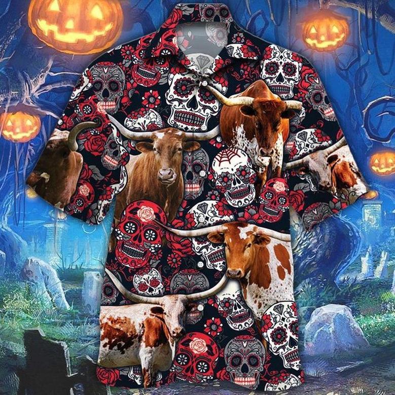 TX Longhorn Cattle Lovers Sugar Skull Floral Hawaiian Shirt, Farm Hawaiian Shirt, Farmer Hawaii