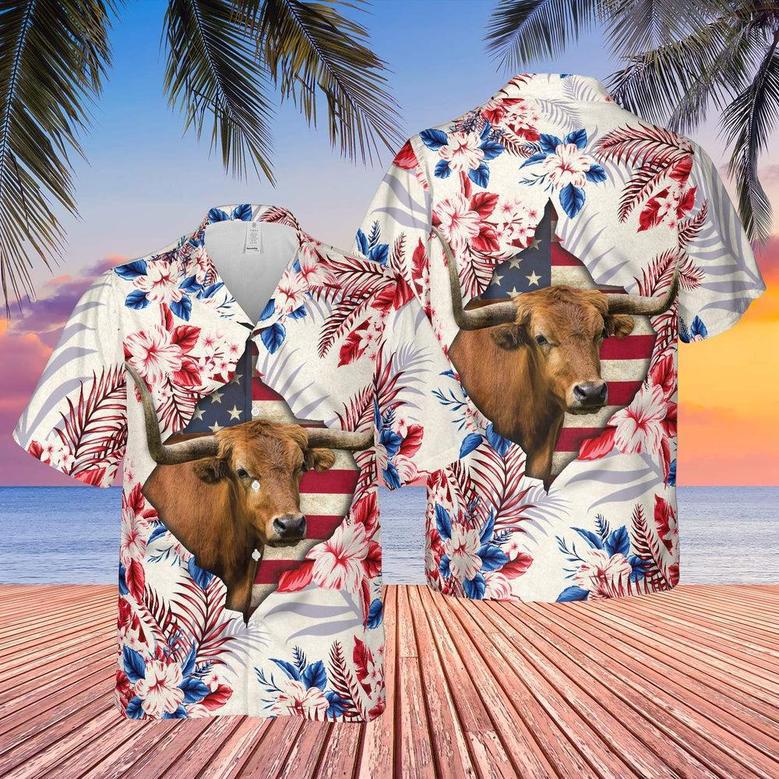 TX-Longhorn Face Hibiscus Flower All Over Printed Hawaiian Shirt, Farm Hawaiian Shirt, Farmer Hawaii