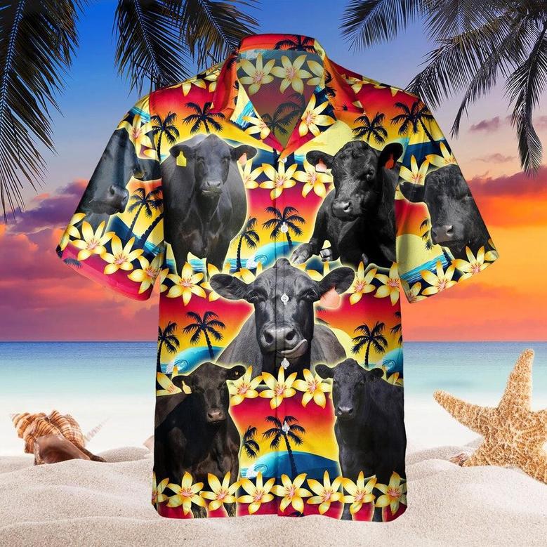 Vintage Black Angus Tropical Sunset Hibiscus And Palm Tree All Over Printed Hawaiian Shirt, Farm Hawaiian Shirt, Farmer Hawaii