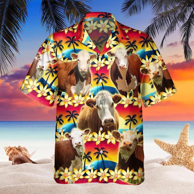 Vintage Hereford Tropical Sunset Hibiscus And Palm Tree All Over Printed Hawaiian Shirt, Farm Hawaiian Shirt, Farmer Hawaii