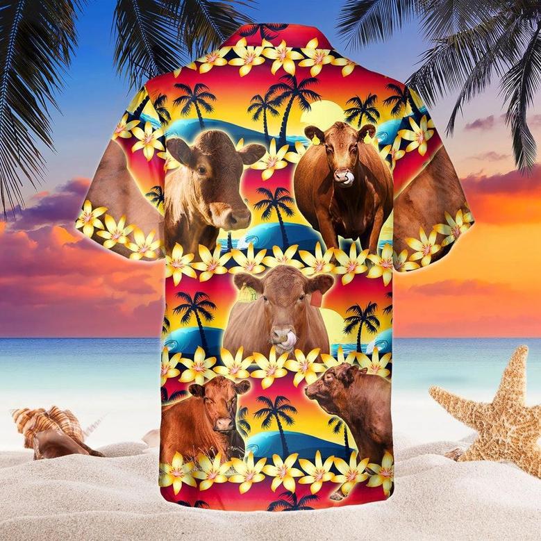 Vintage Red Angus Tropical Sunset Hibiscus And Palm Tree All Over Printed Hawaiian Shirt, Farm Hawaiian Shirt, Farmer Hawaii