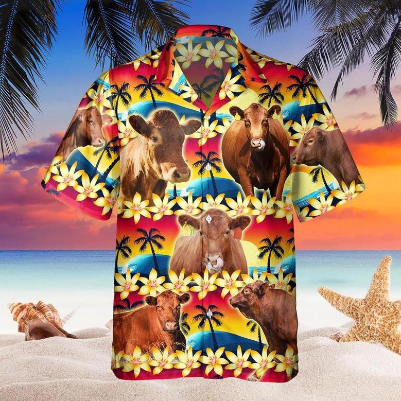 Vintage Red Angus Tropical Sunset Hibiscus And Palm Tree All Over Printed Hawaiian Shirt, Farm Hawaiian Shirt, Farmer Hawaii