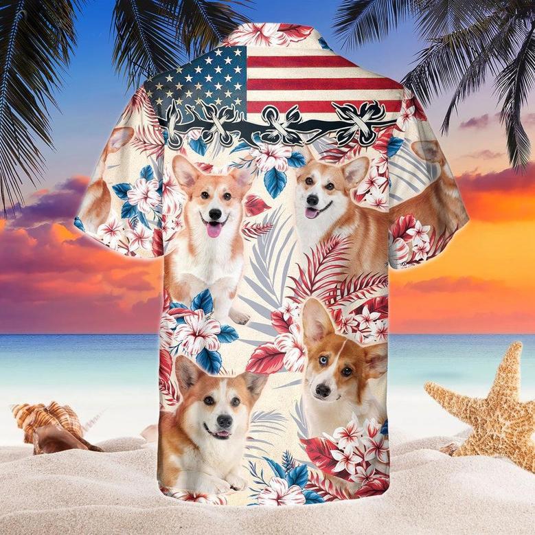 Welsh Corgi Dog United States Flag Hawaiian Flowers All Over Printed Hawaiian Shirt, Farm Hawaiian Shirt, Farmer Hawaii