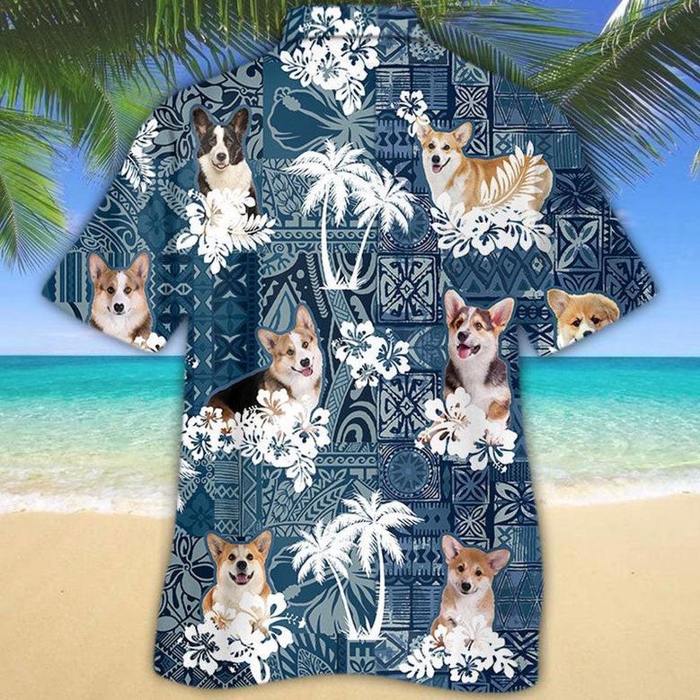 Welsh Corgi Hawaiian Tropical Plants Pattern Blue And White All Over Printed Hawaiian Shirt, Farm Hawaiian Shirt, Farmer Hawaii